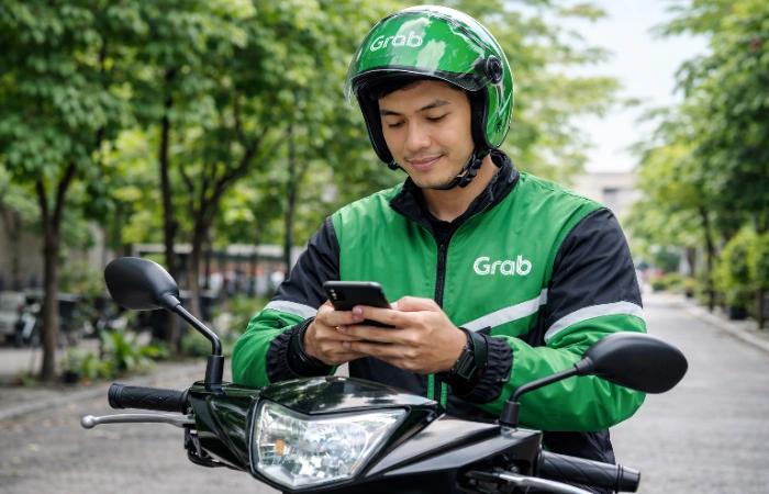 Ilustrasi pengemudi mitra Grab saat memantau order dan pengaturan slot melalui aplikasi