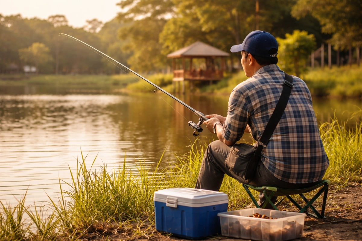 Ilustrasi aktivitas memancing di perairan tawar, salah satu hobi favorit warga Blora